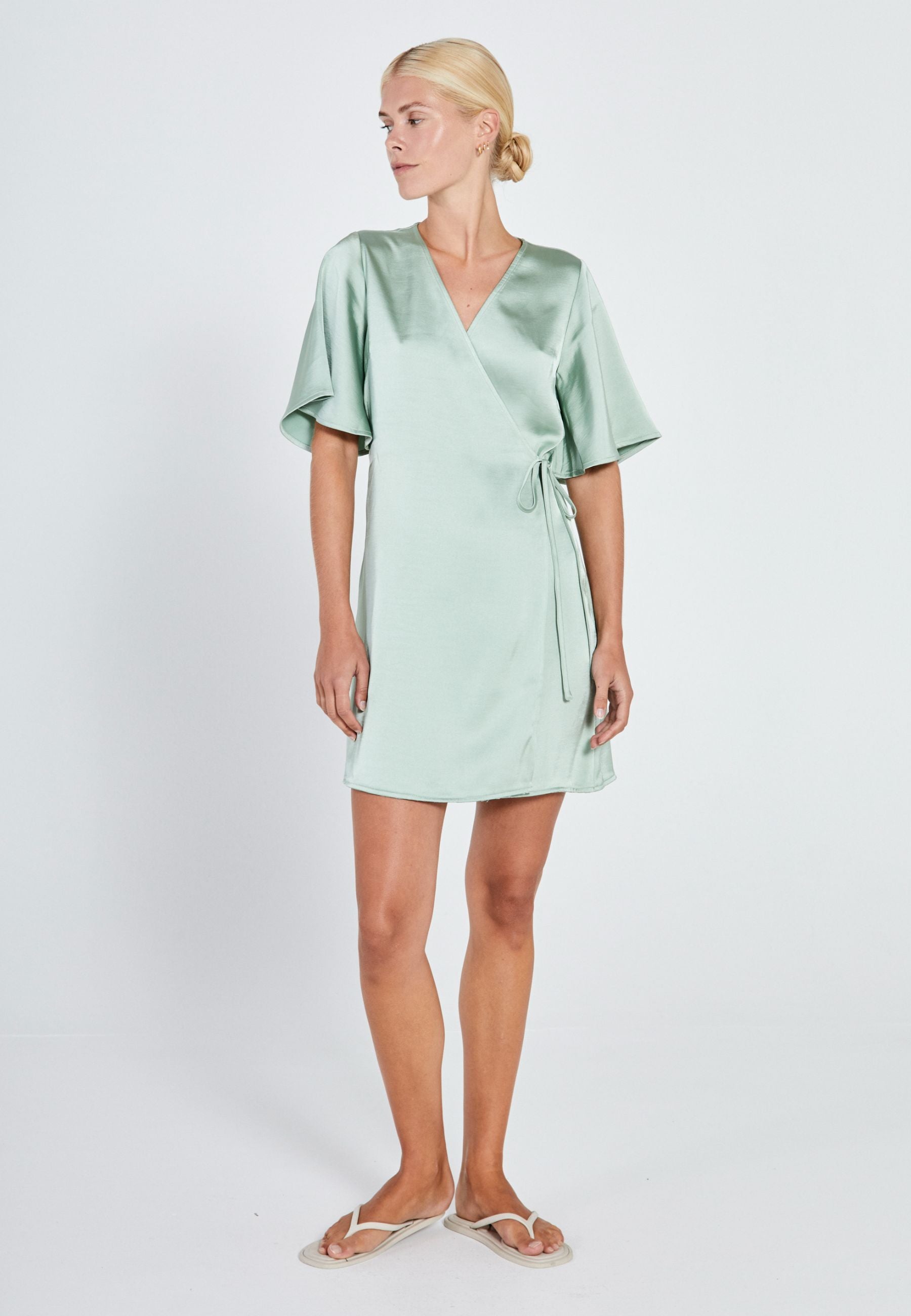 green emerald velvet dress Sea Foam Green Mini Wrap Dress - All Dresses main image 0