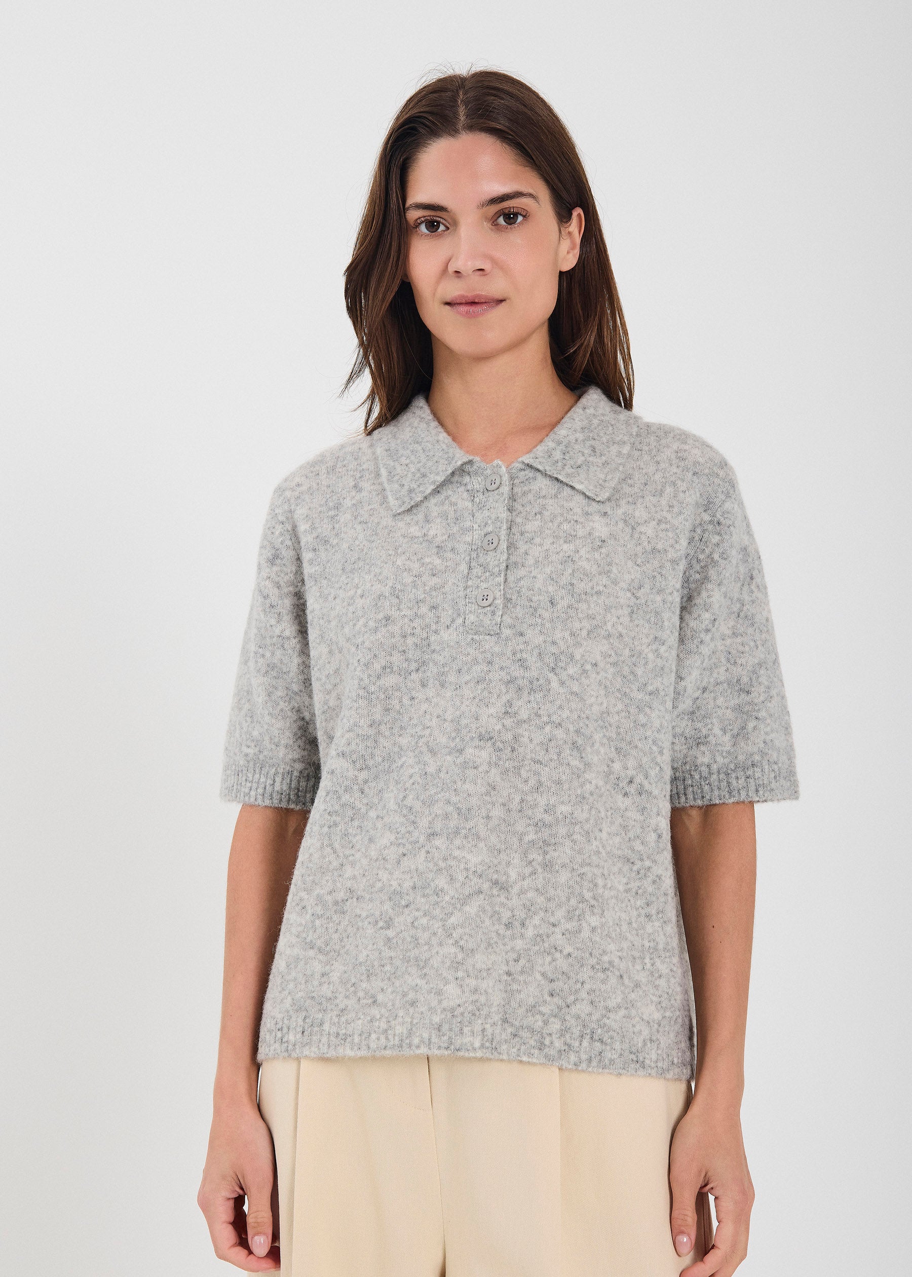 NORR Halli SS polo knit top Knits Light grey melange