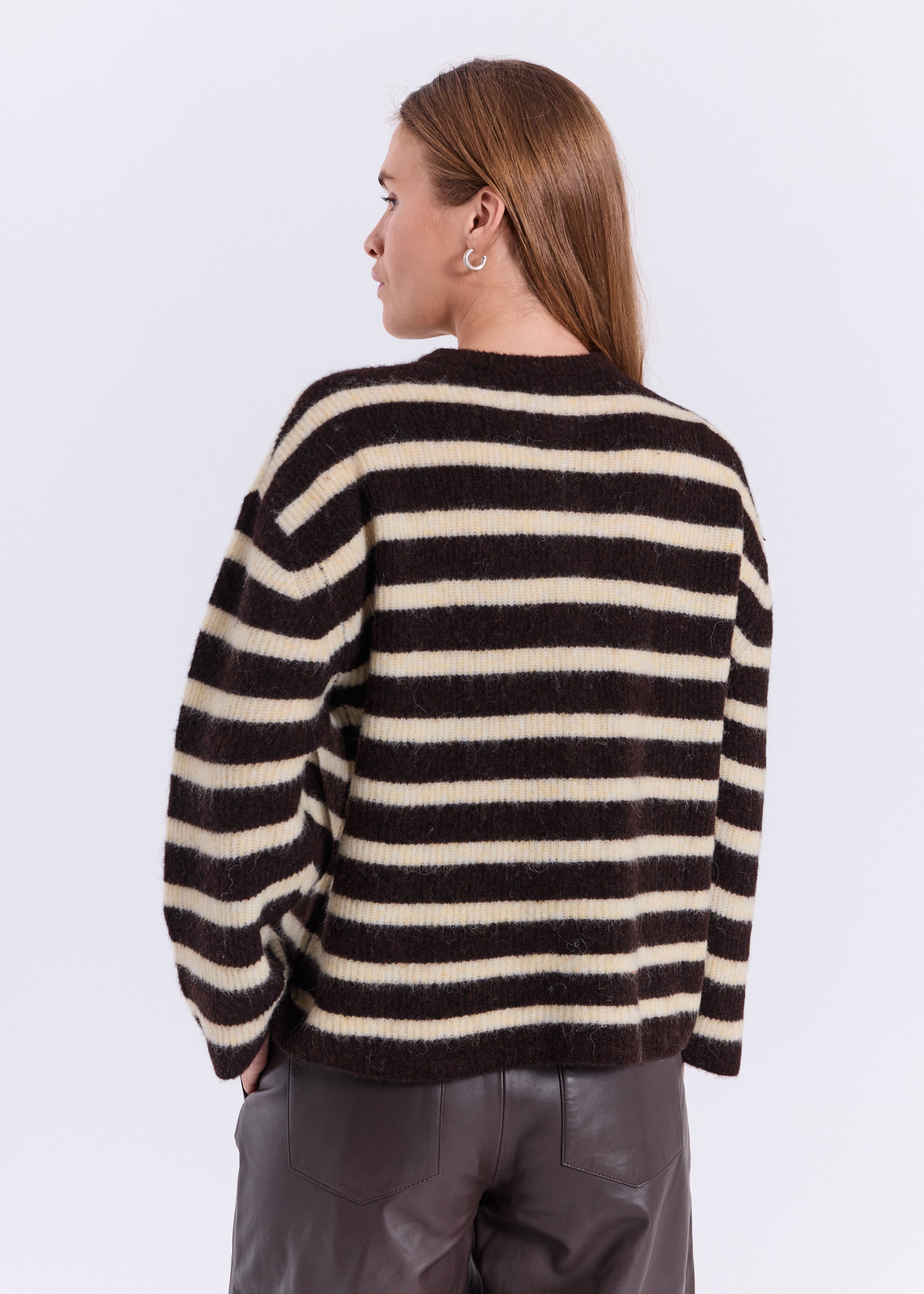 NORR Halli striped LS knit cardigan Knits Brown with yellow stripe