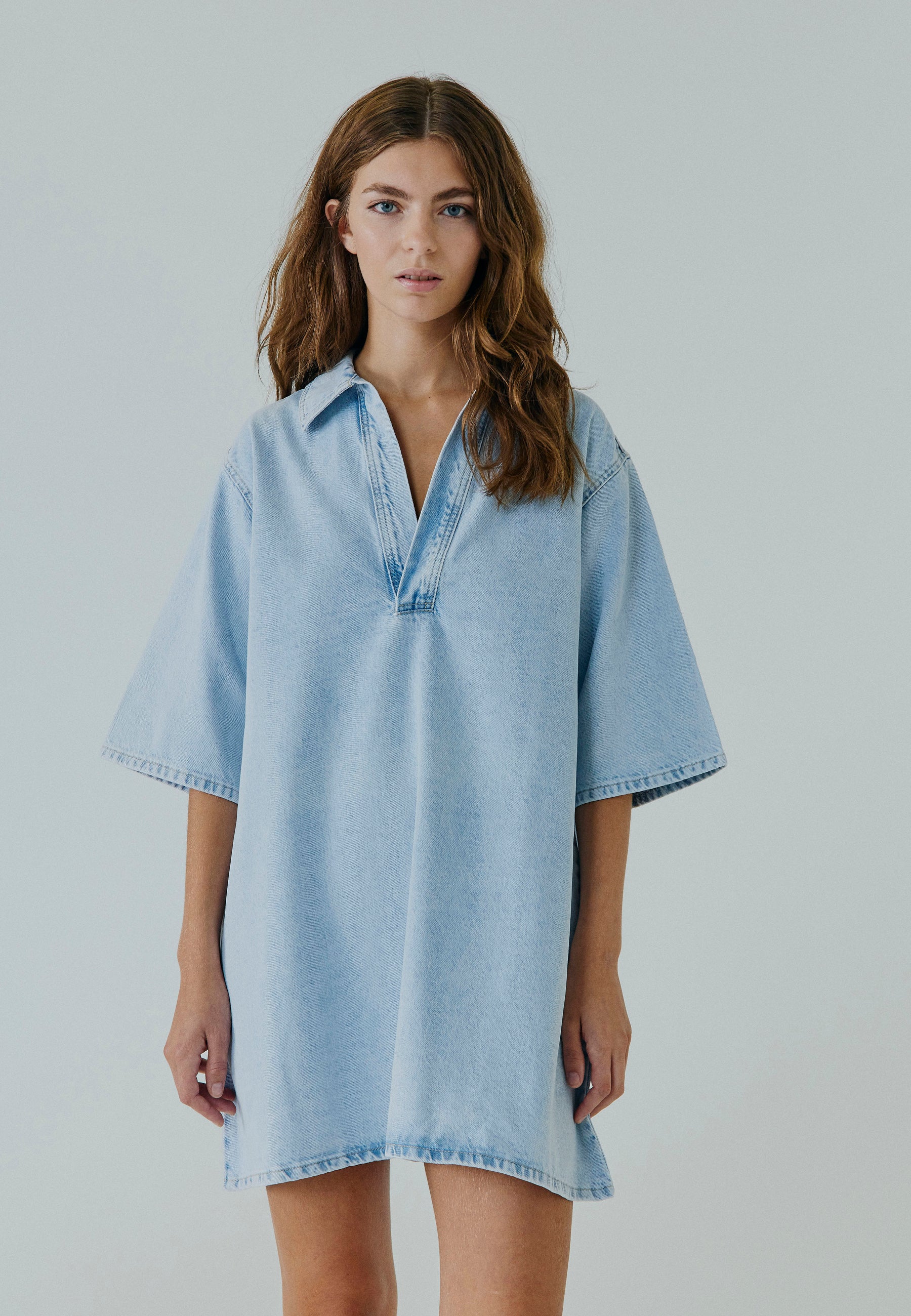 Virowie L S V Neck Denim Dress Medium Blue Denim