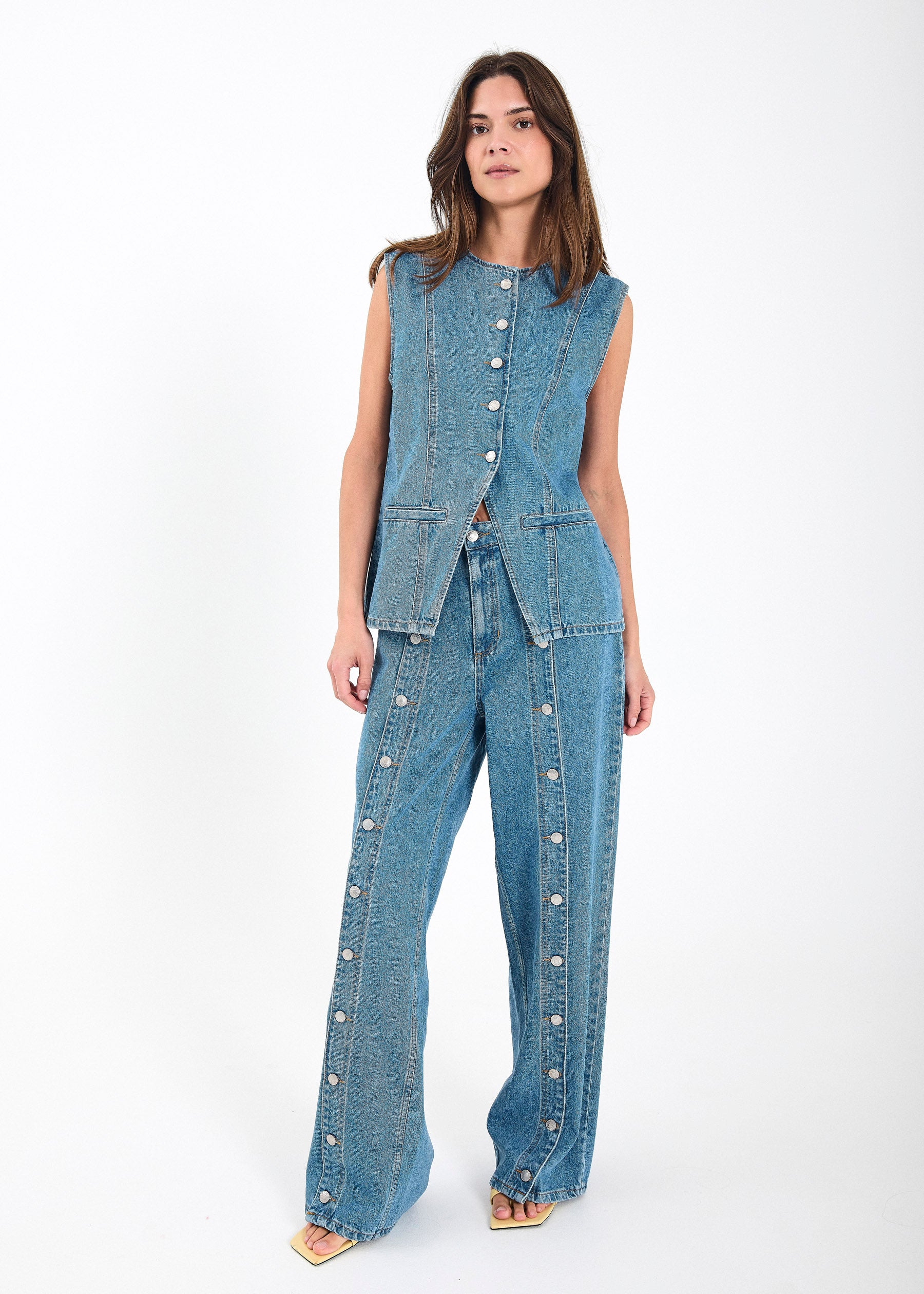 NORR Kenzie wide button jeans Pants Medium blue denim