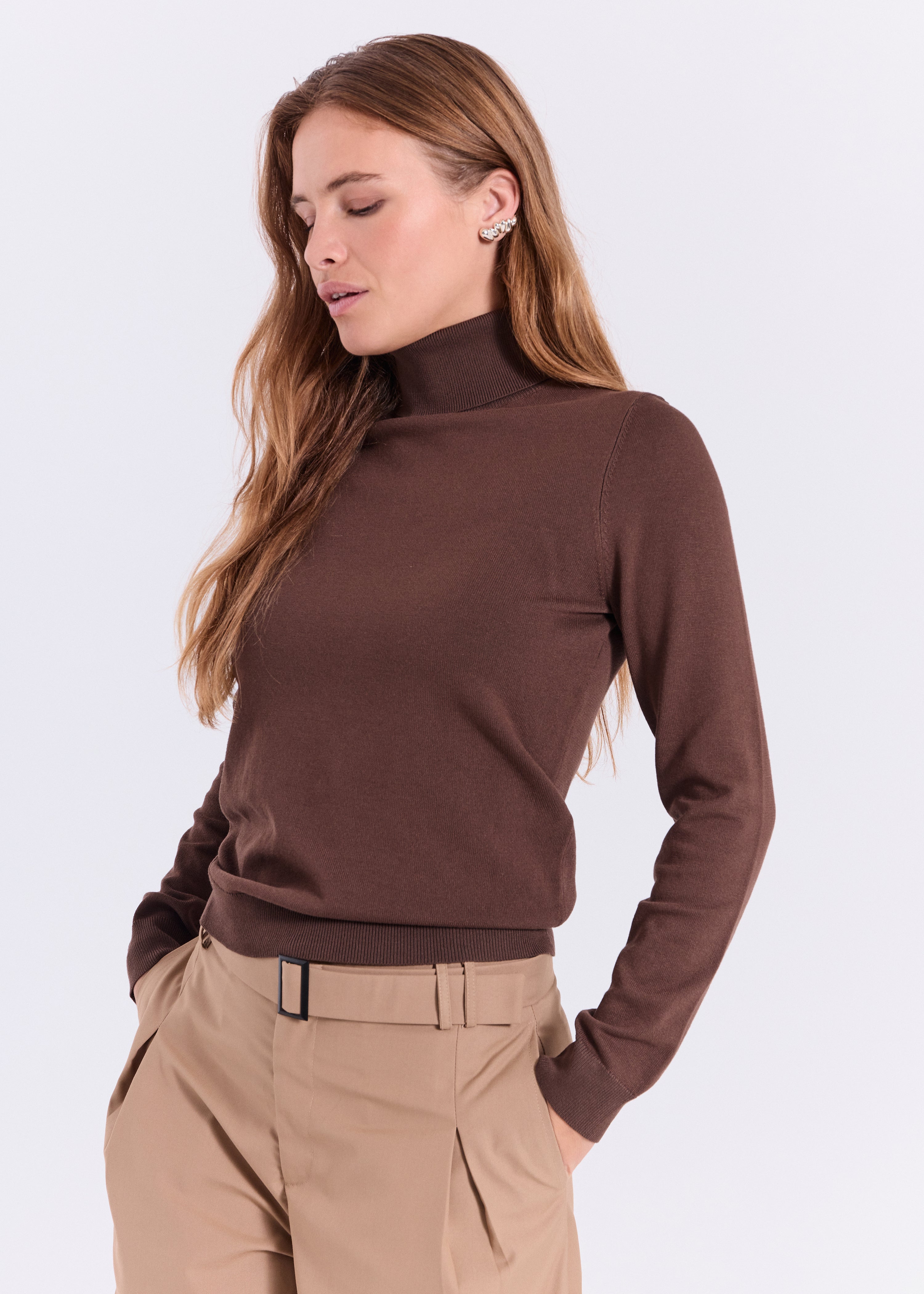 NORR Lena roll neck knit top Knits Dark Brown