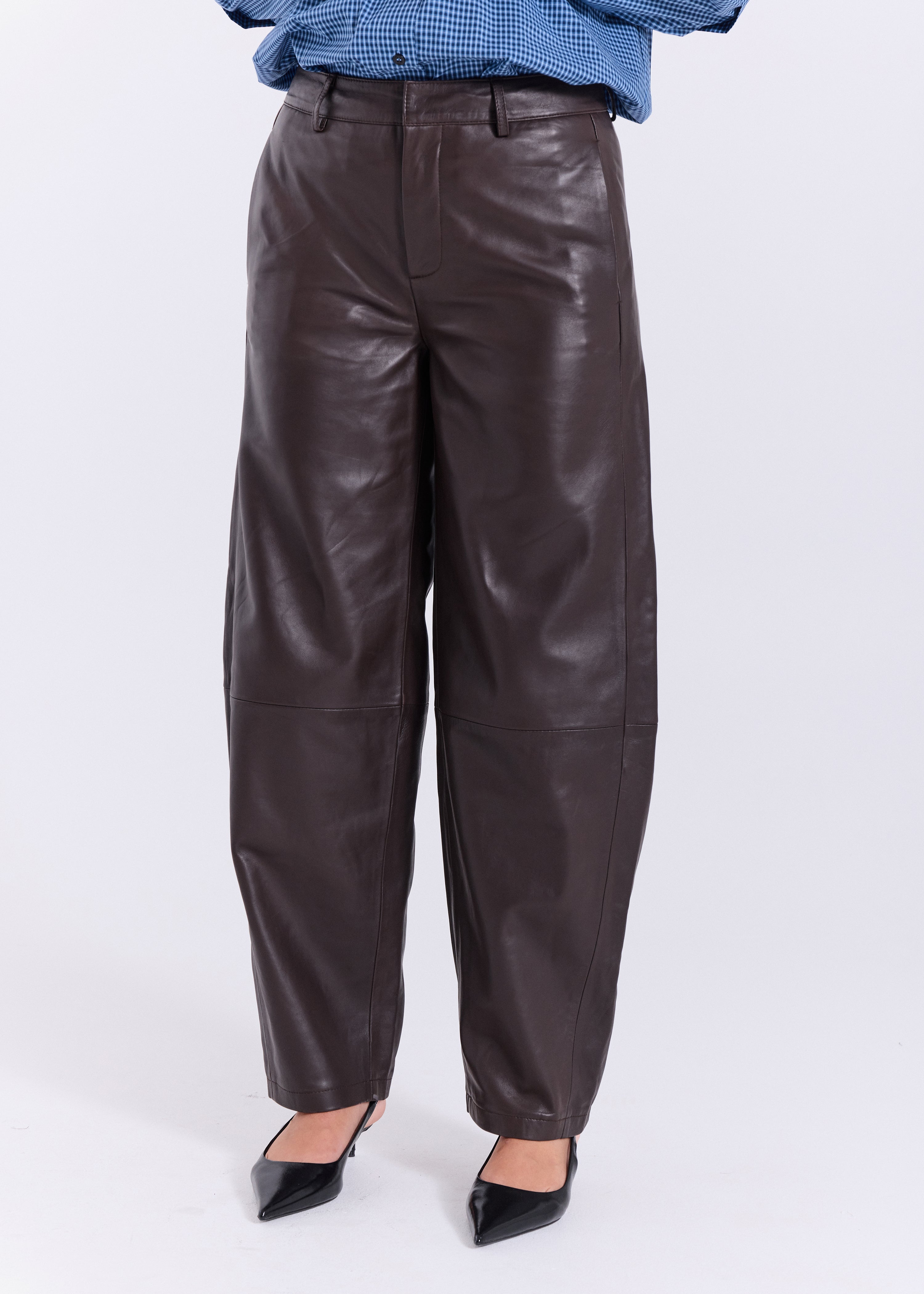 NORR Monica barrel leather pants Pants Dark Brown