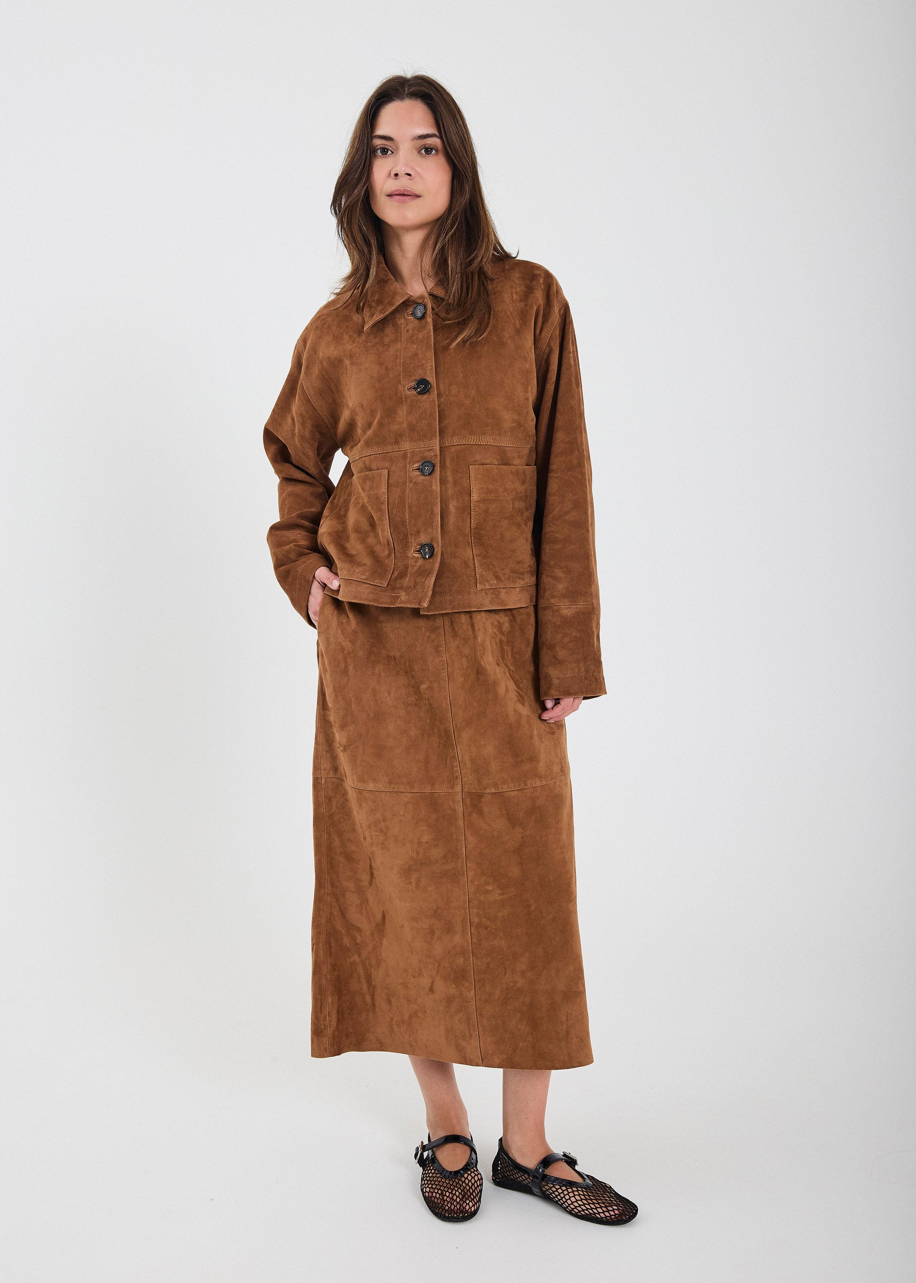 NORR Shelby midi suede skirt Skirts Cognac