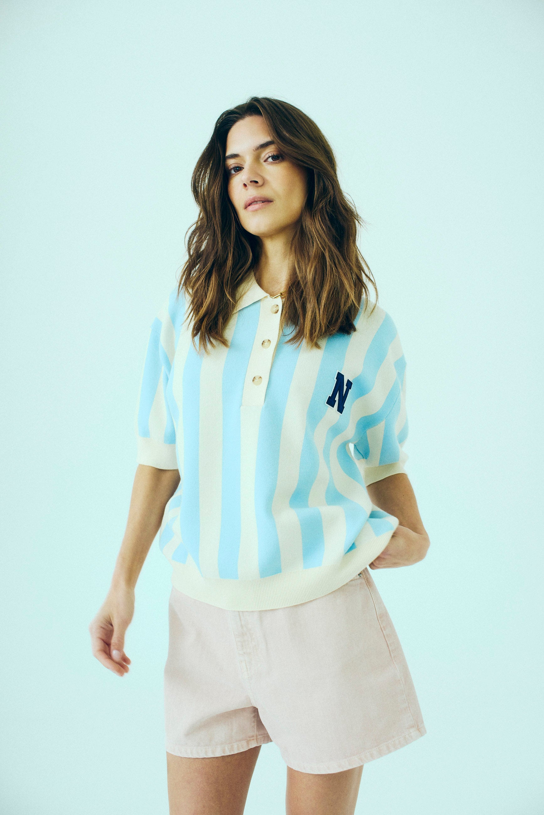 NORR Varsity knit polo Knits Light blue stripe