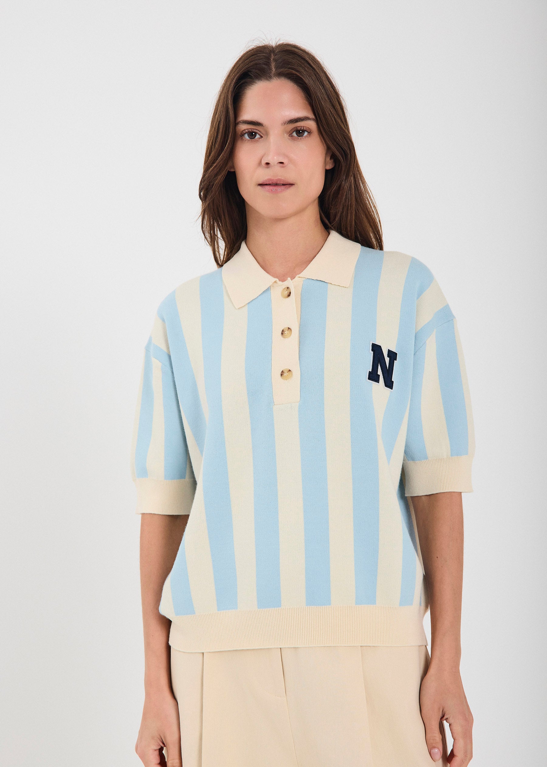NORR Varsity knit polo Knits Light blue stripe