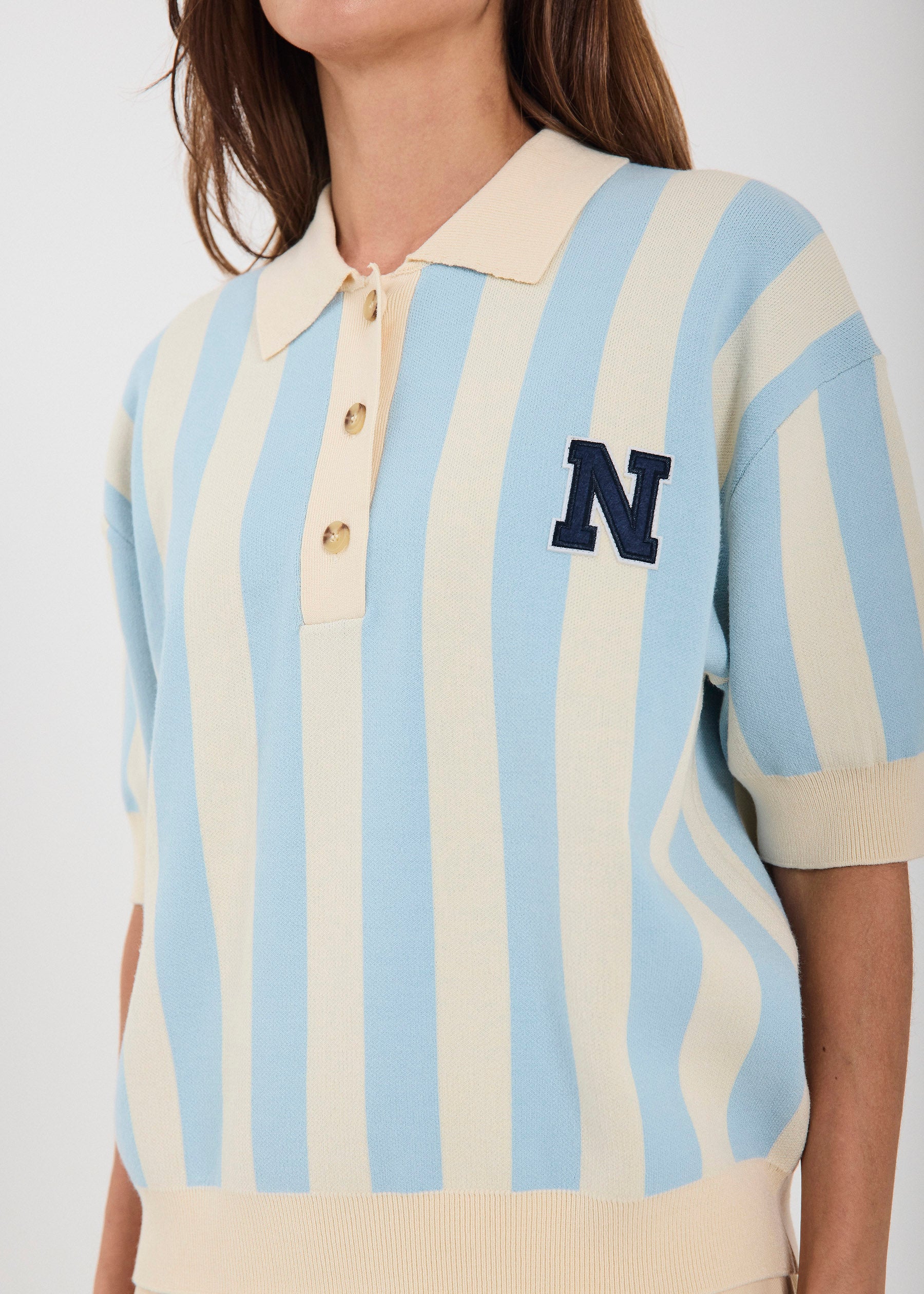 NORR Varsity knit polo Knits Light blue stripe