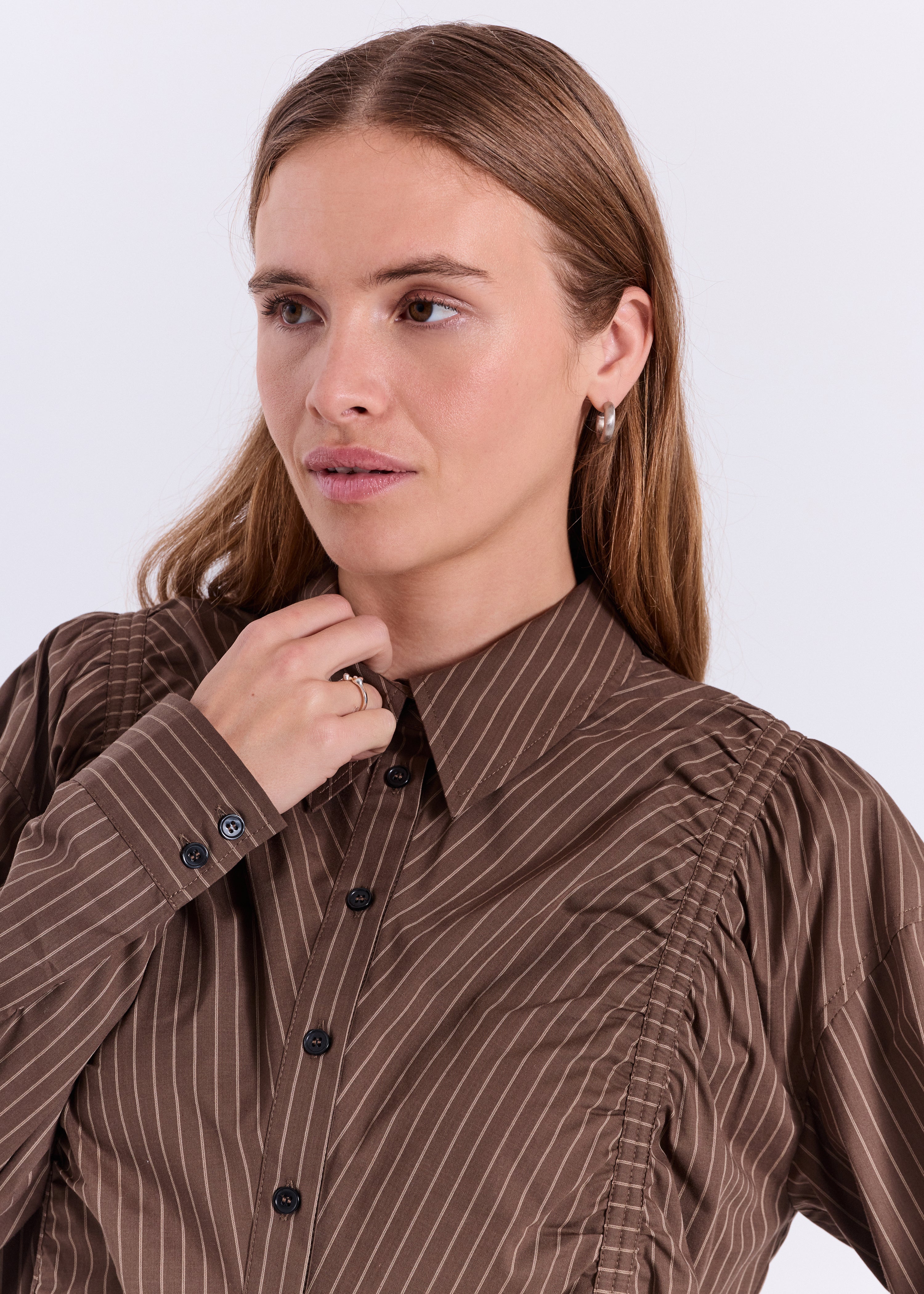 NORR Augusta ruching shirt Shirts Dark Brown with Stripes