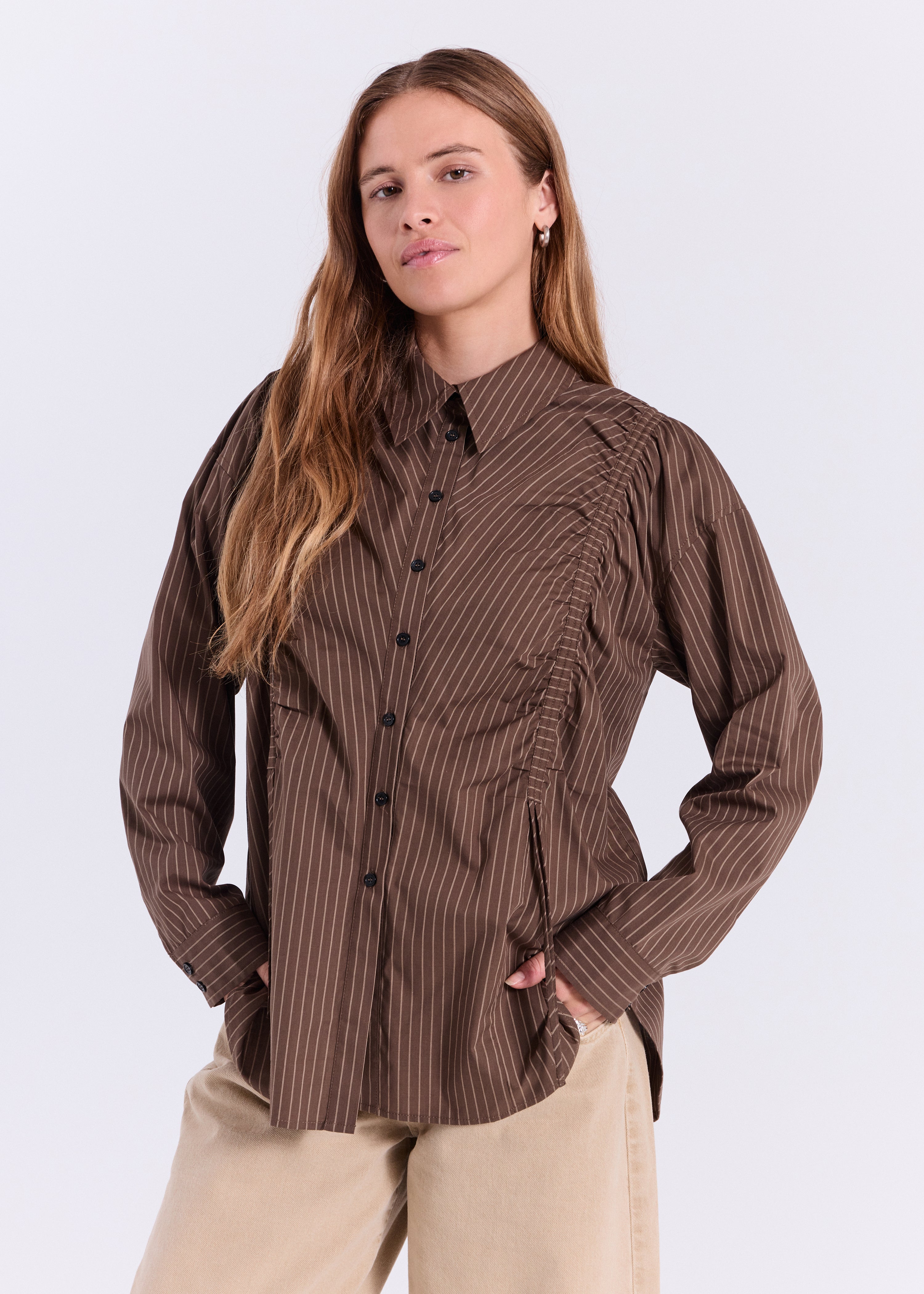 NORR Augusta ruching shirt Shirts Dark Brown with Stripes