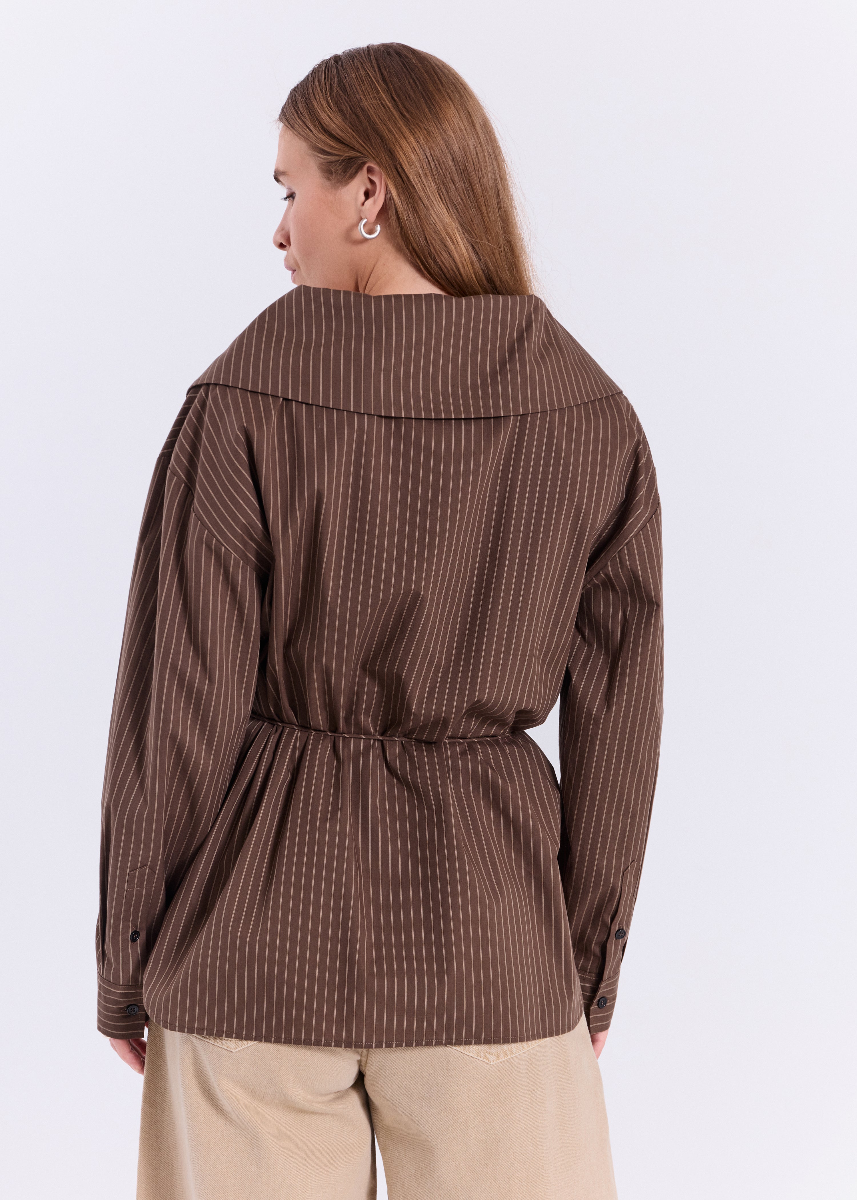 NORR Augusta wide collar shirt Shirts Dark Brown with Stripes