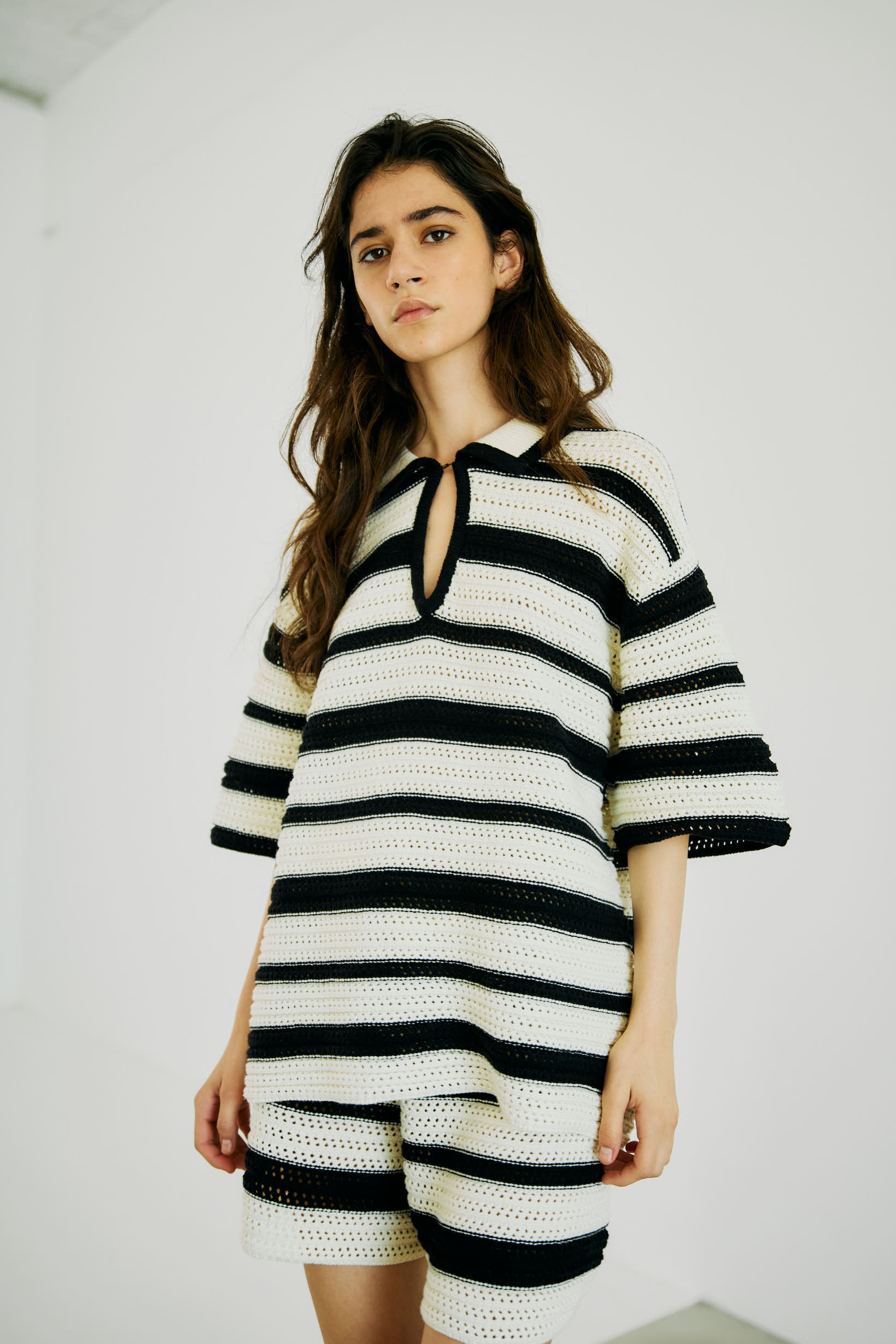 NORR Edith knit polo Tops Off-white w. black detail