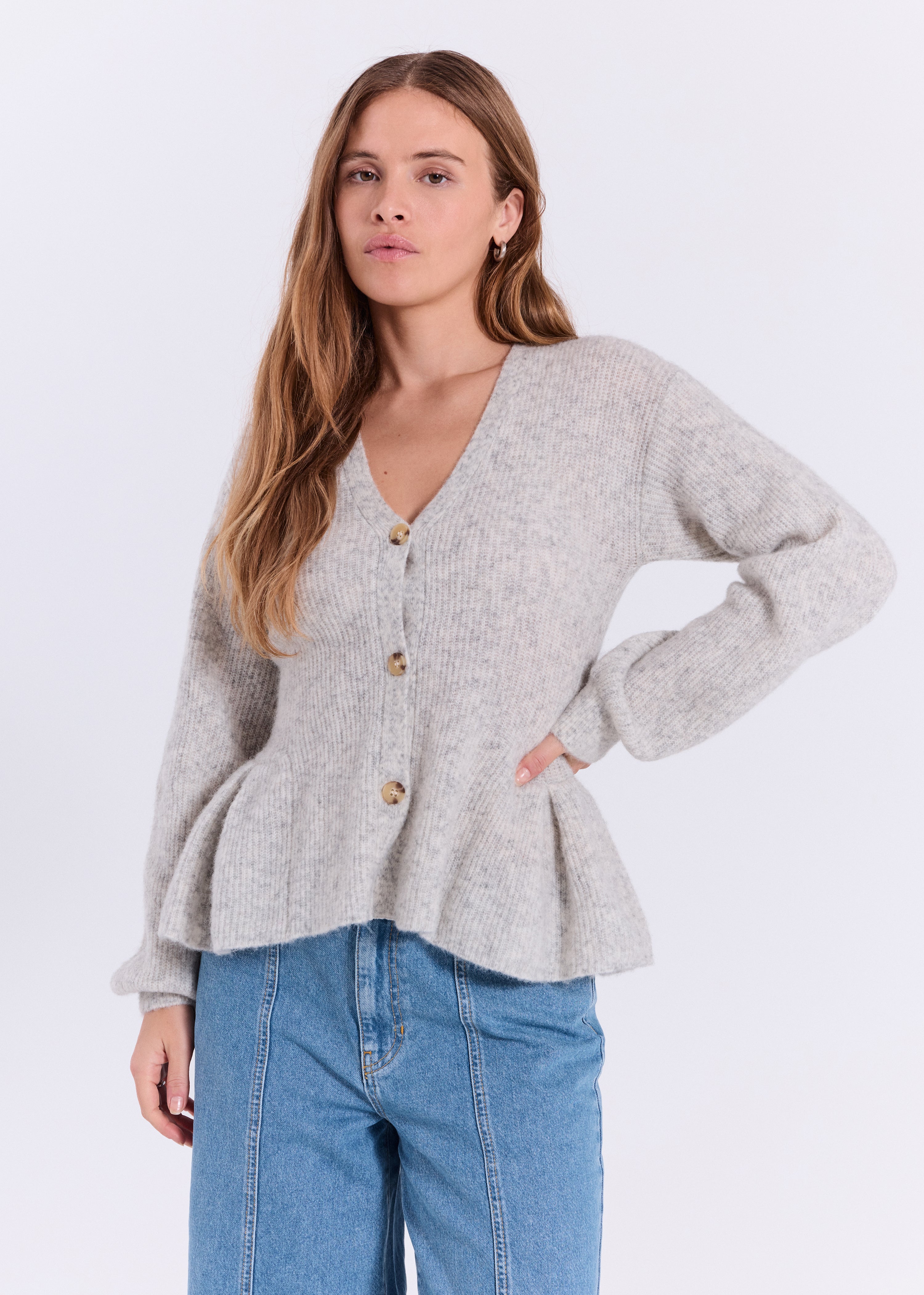 NORR Halli peplum knit cardigan Knits Light grey melange
