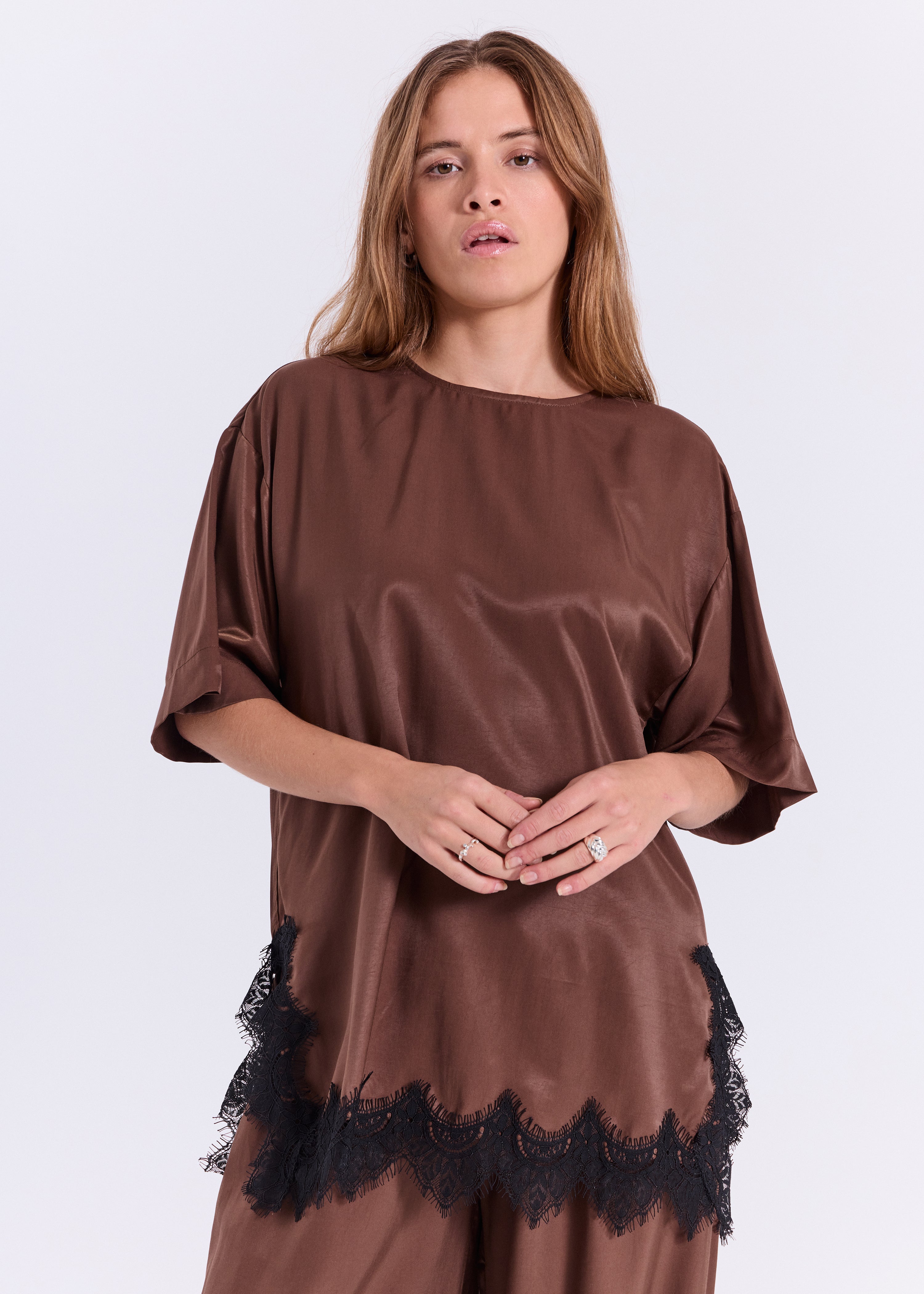 NORR Jola lace top Tops Dark Brown