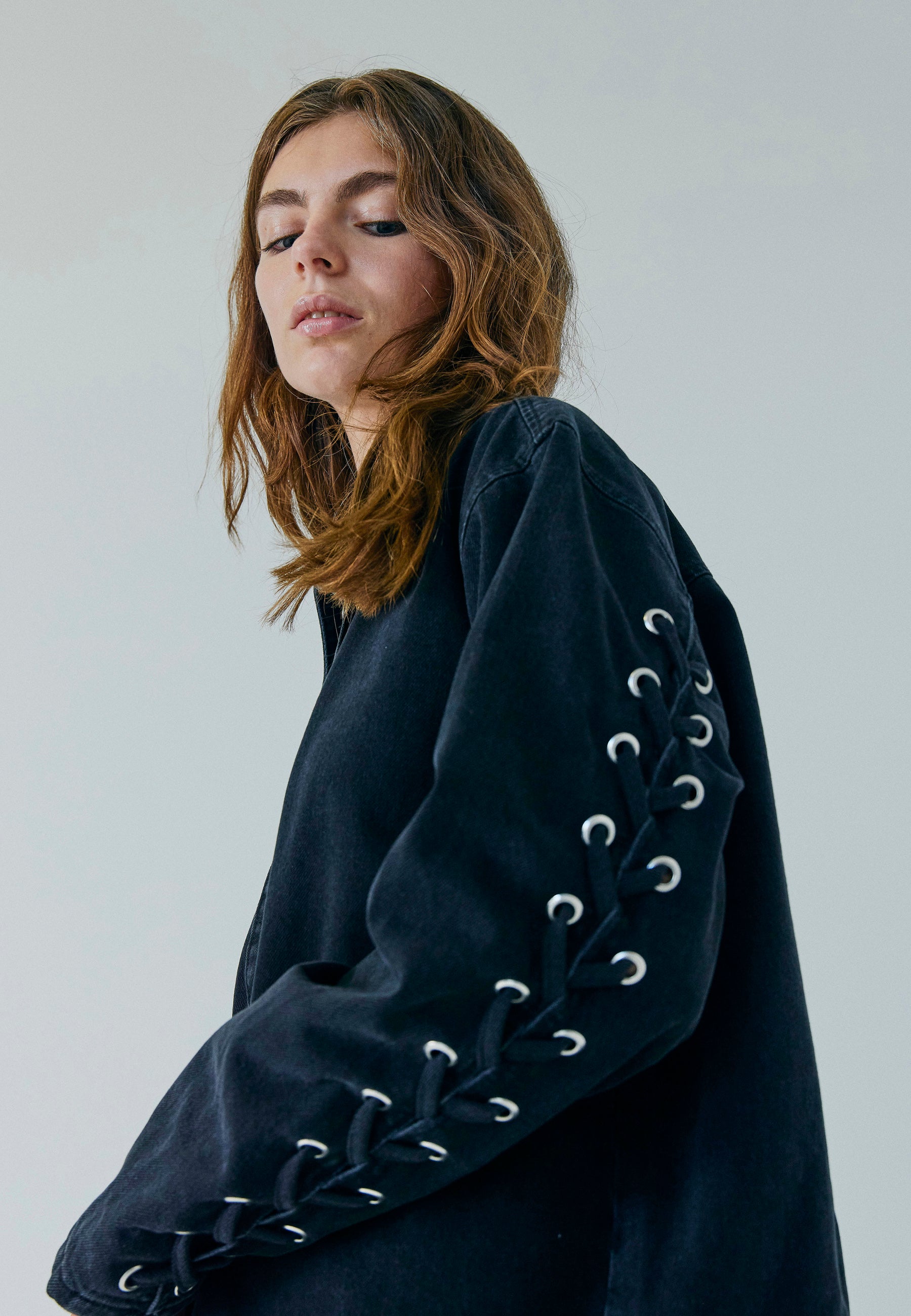 【新品】FINE ex denim shirt JK Kenzie lace denim shirt - Medium blue denim