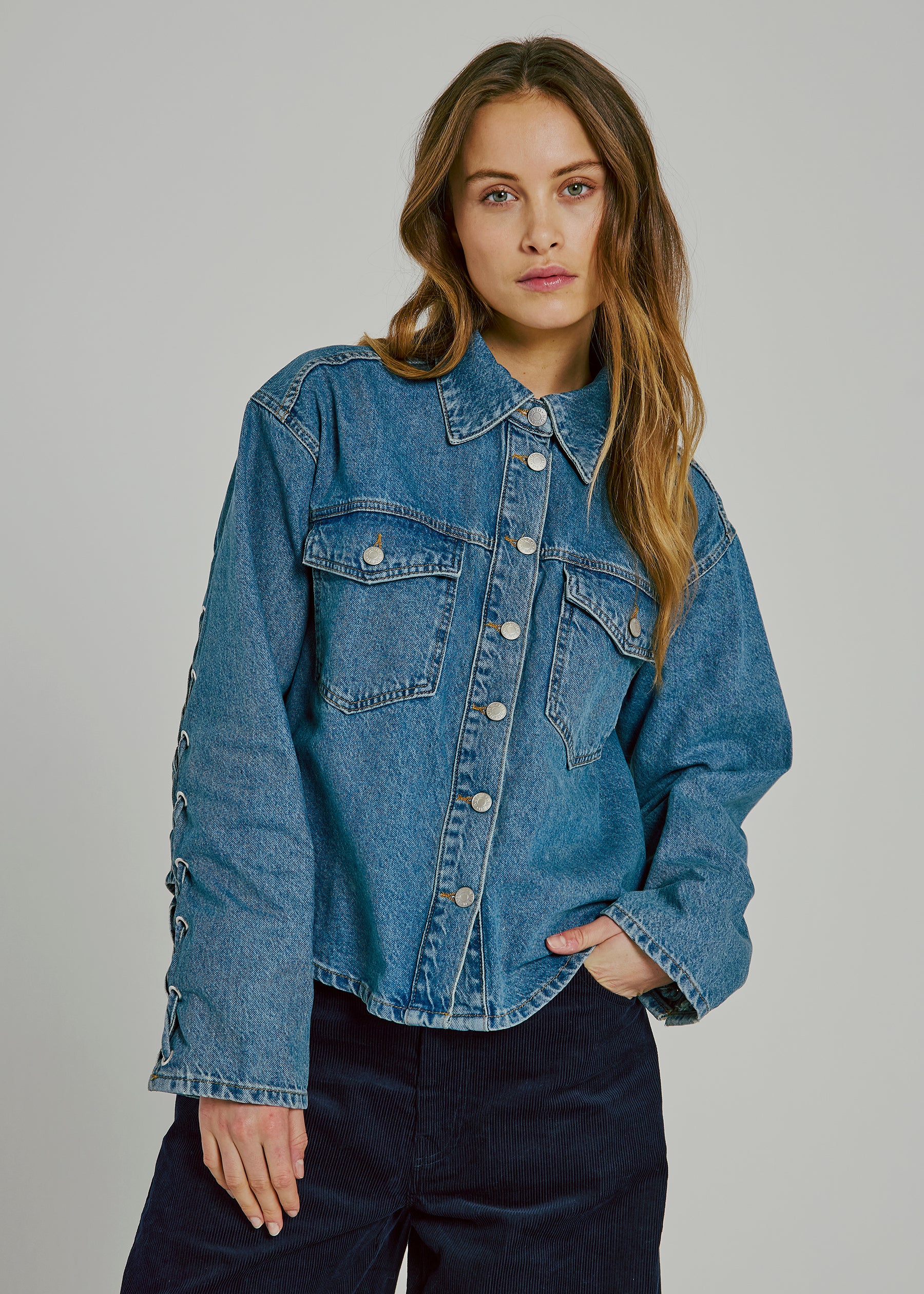 NORR Kenzie lace denim shirt Shirts Medium blue denim