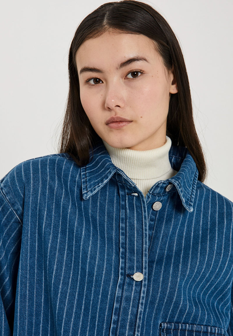 NORR Kenzie oversized denim shirt Shirts Clear blue w. stripes