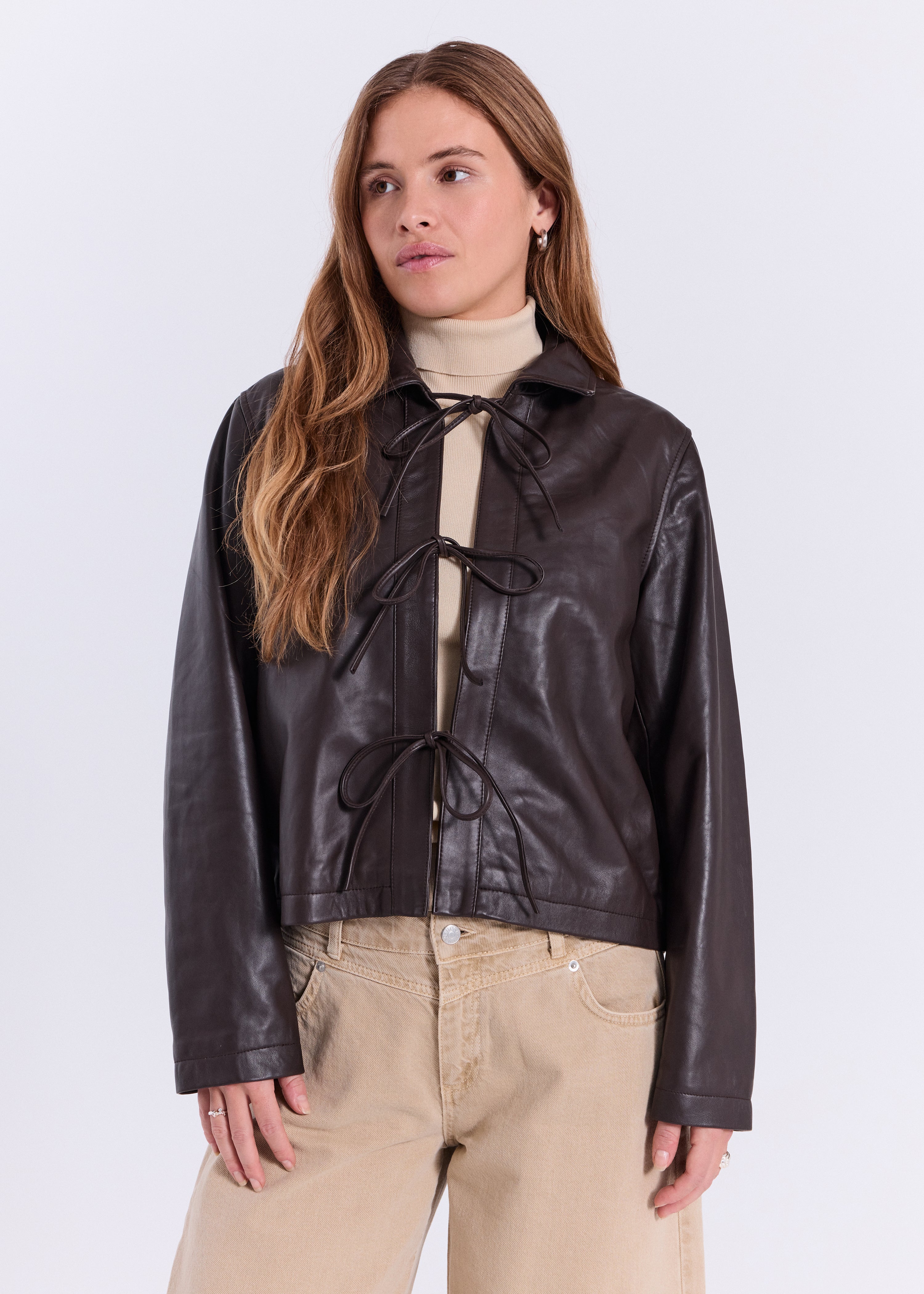 NORR Monica string leather shirt Shirts Dark Brown