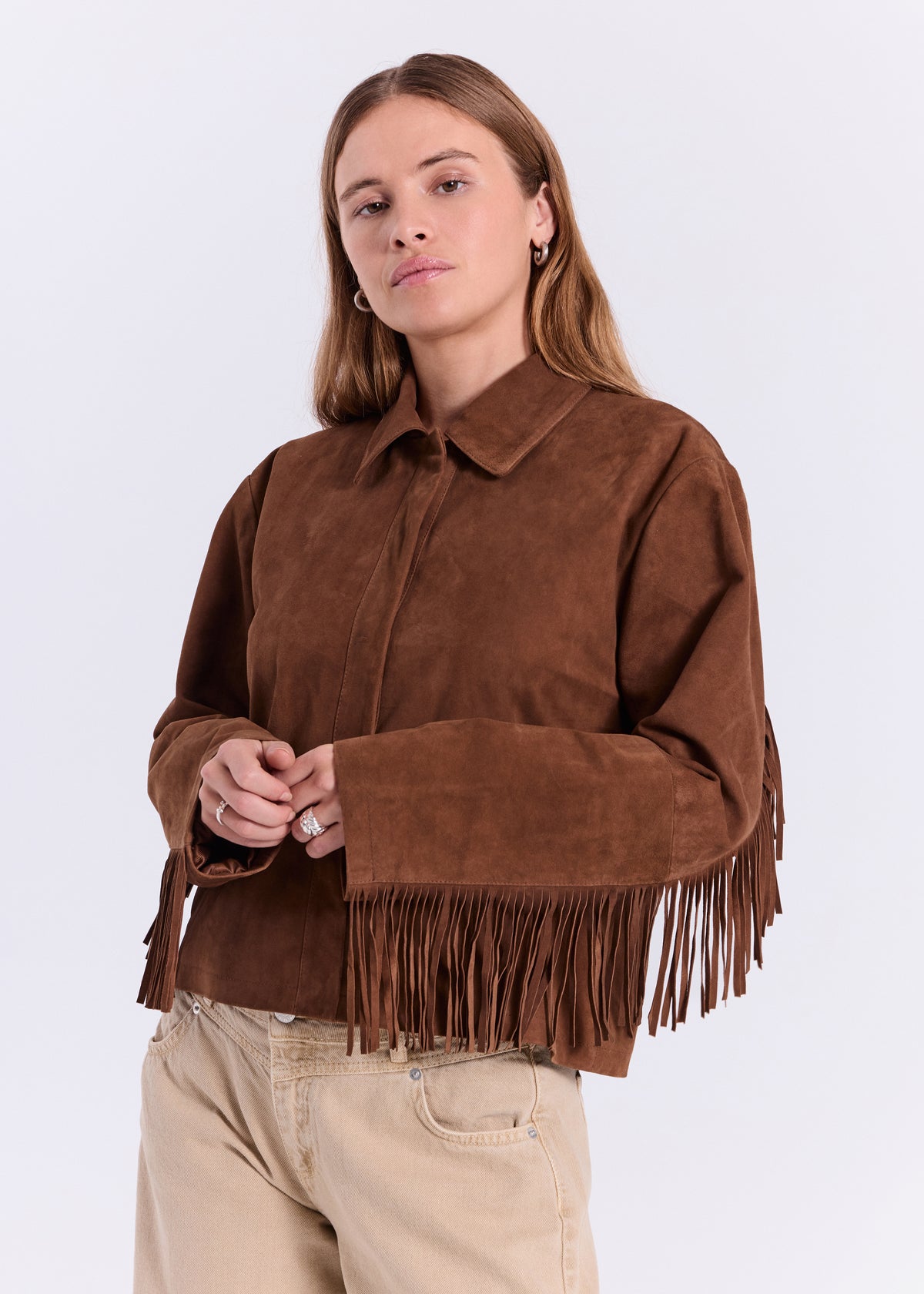 NORR Nathalio fringe suede shirt Shirts Caramel brown
