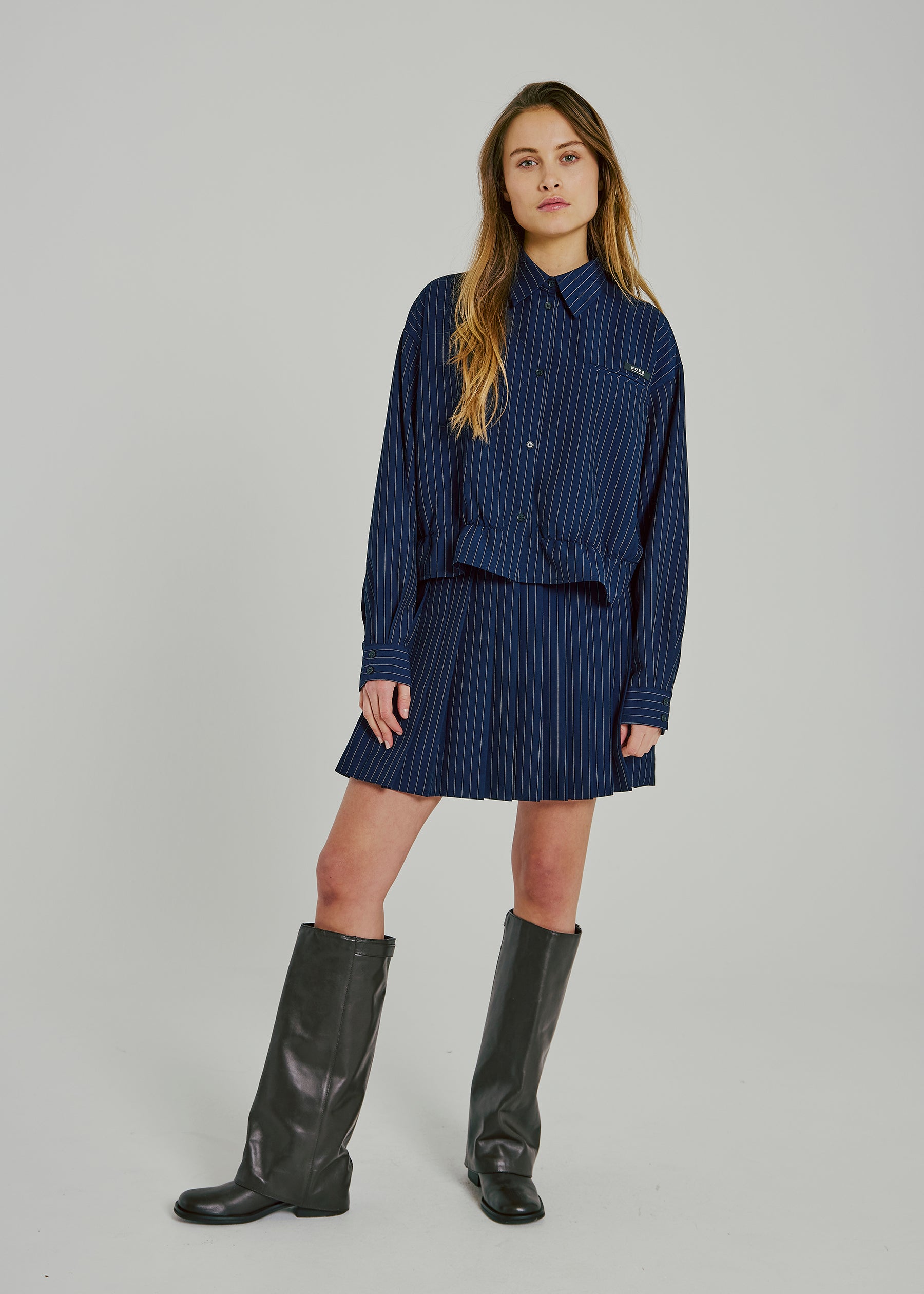 NORR Neo pinstripe pleat skirt Skirts Navy pinstripe