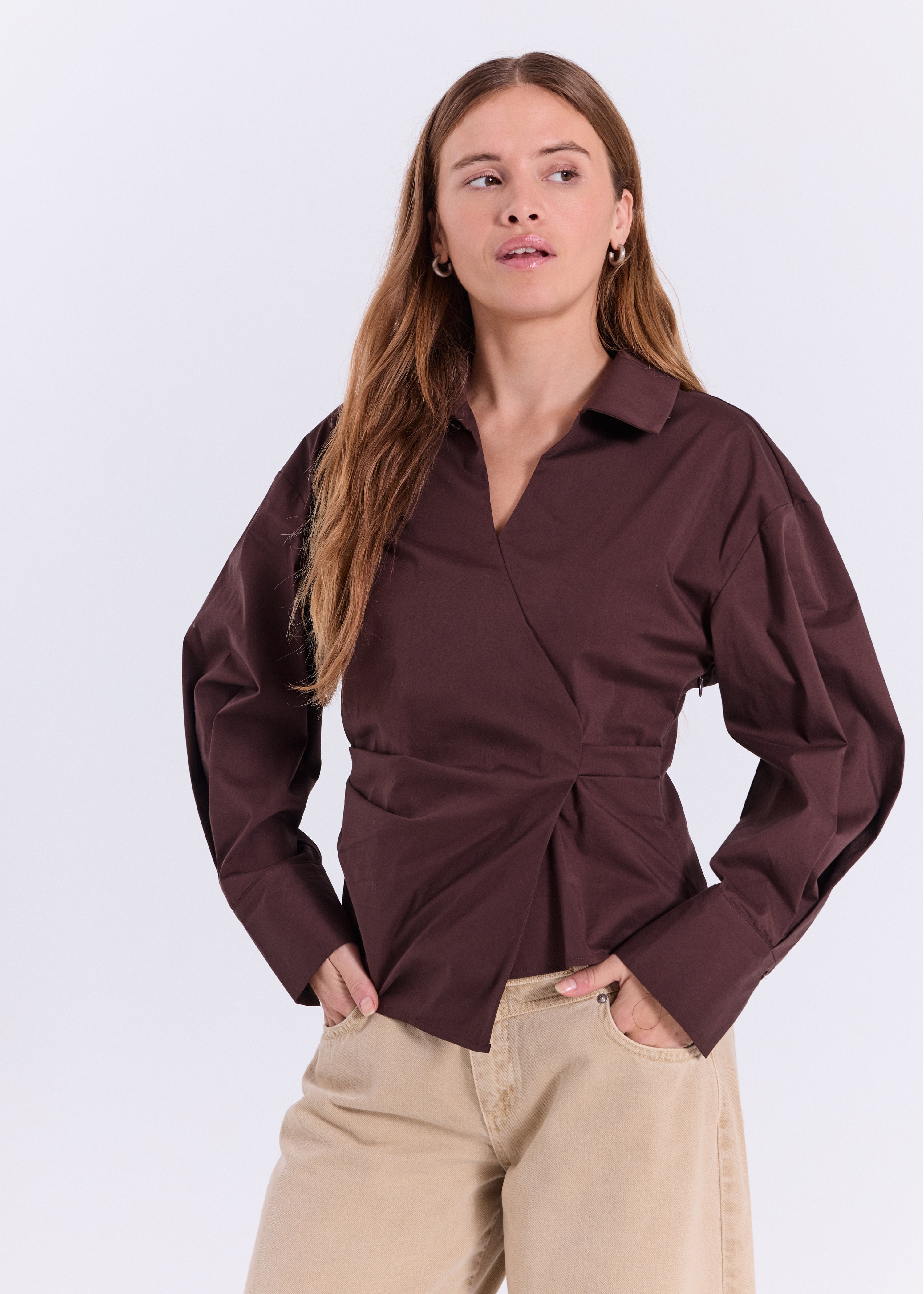 NORR Otilia LS gathered top Tops Dark Brown