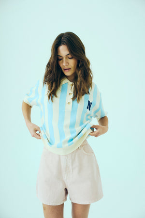 NORR Varsity knit polo Knits Light blue stripe
